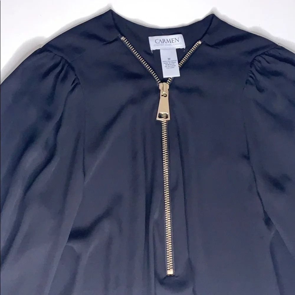 Carmen Marc Valvo Black zip front long sleeve blouse women’s medium - Picture 4 of 8